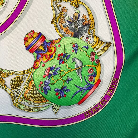 Hermes Green Multi Qu'Importe Le Flacon Print Square Silk Twill Scarf - Picture 8 of 11